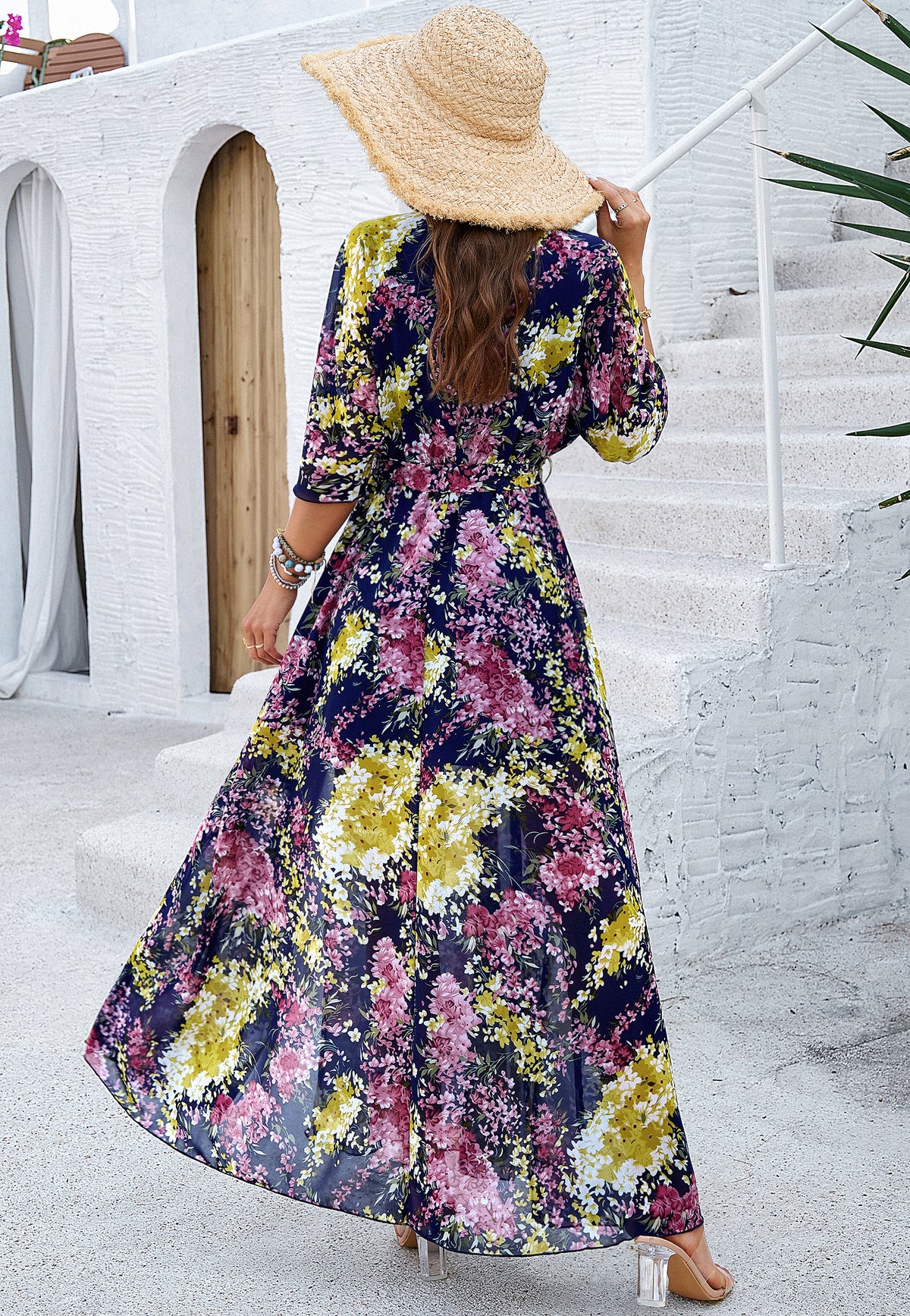 floral printed long sleeve v-neck self tie maxi dress Liana Printed V-Neck Long-Sleeve Maxi Dress