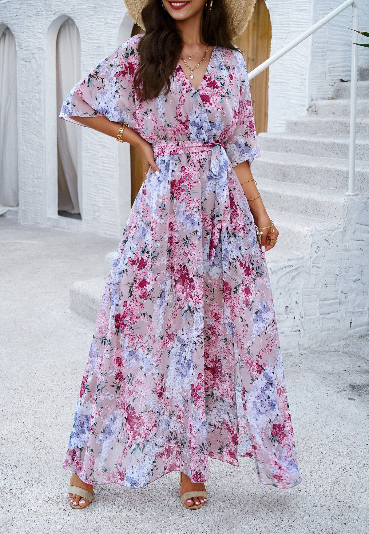 Floral V-Neck Maxi Dress with Waist Tie Vikokos Floral V-Neck Maxi Dress with Waist Tie Vikokos