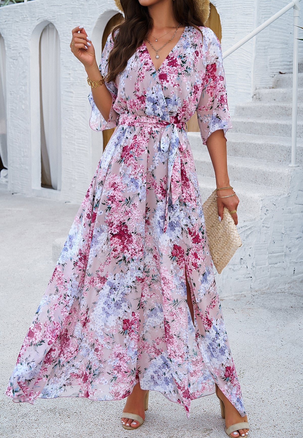 Floral V-Neck Maxi Dress with Waist Tie