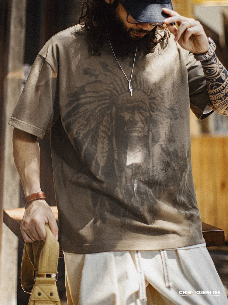 Men's Vintage-Inspired Native Chief Graphic Oversized Short Sleeve T-Shirt