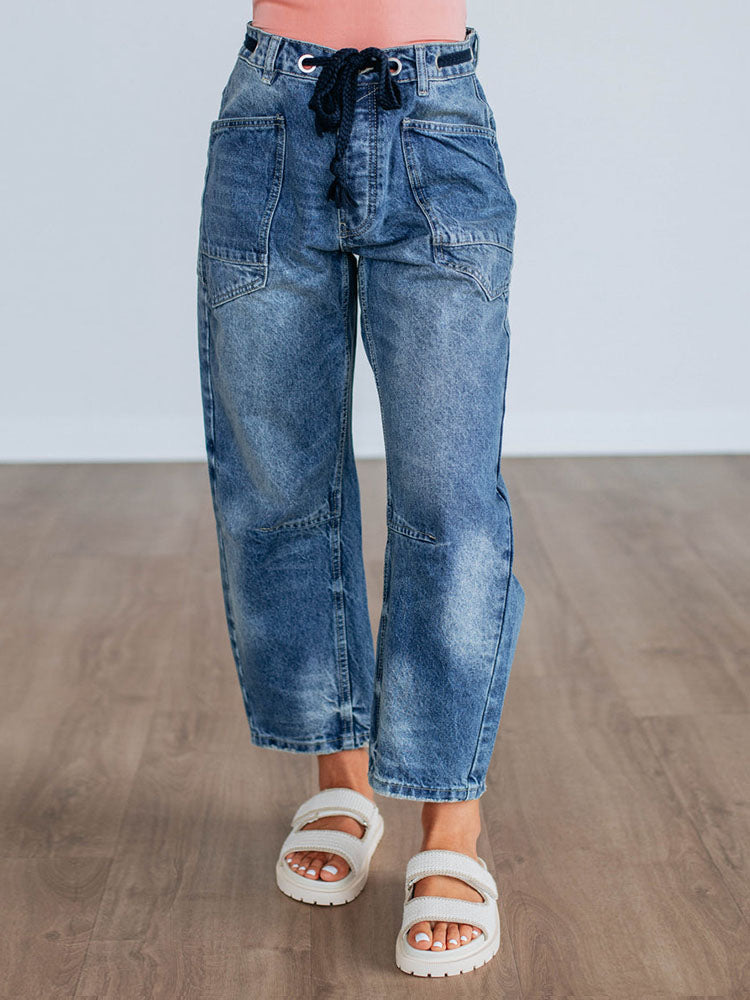 Eyelet Waist Drawstring Barrel Jeans