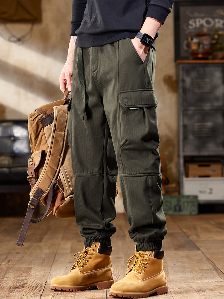 Men's Strap‑Waist Herringbone Fabric Jogger Cargo Pants