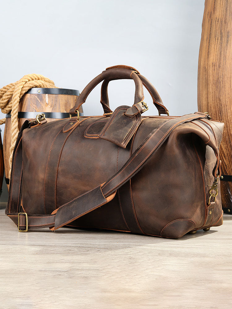 Vintage-Inspired Crazy Horse Leather Travel Duffel Bag