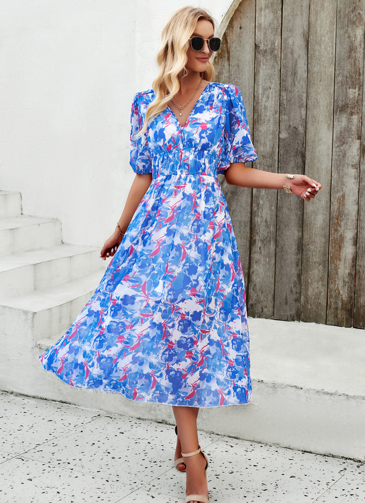 Floral Puff Sleeve Midi Dress